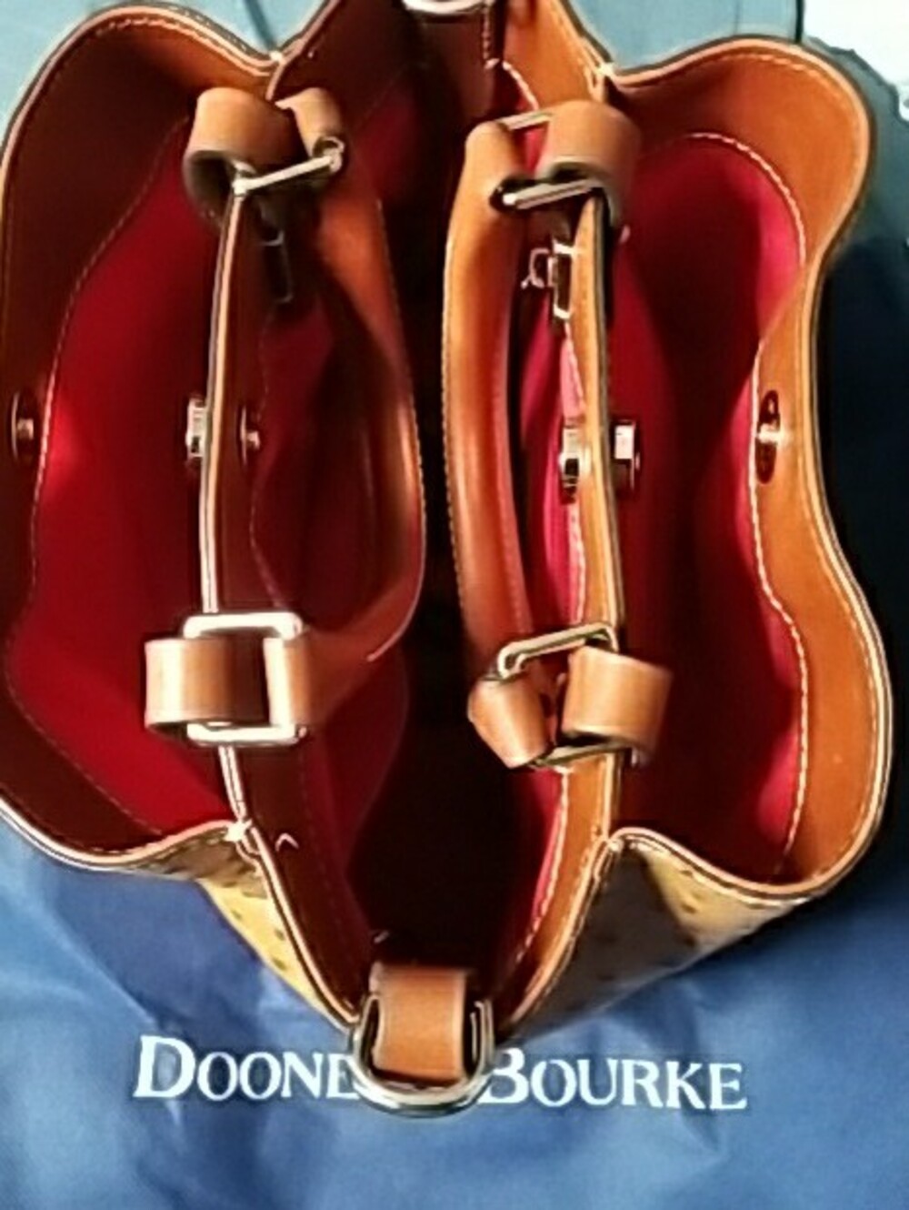 Dooney & Bourke Tan Ostrich-Embossed Satchel Mini with Brown Trim - Picture 11 of 13